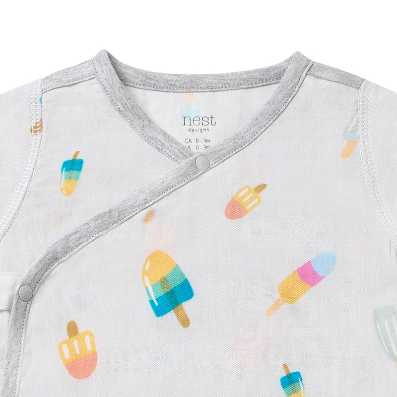 Nest Designs Bamboo Short Sleeve Kimono Onesie Summer Pops print with gray trim shown with wrap-front snaps