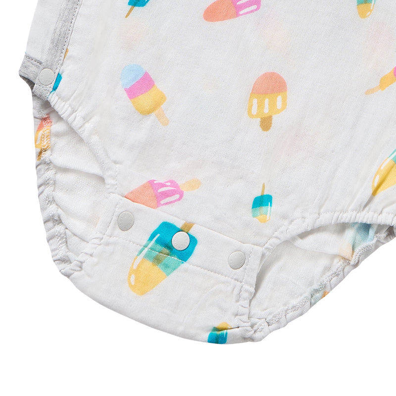 Nest Designs Bamboo Short Sleeve Kimono Onesie Summer Pops; white fabric with colorful popsicle print and snap closures for easy diaper changes.
