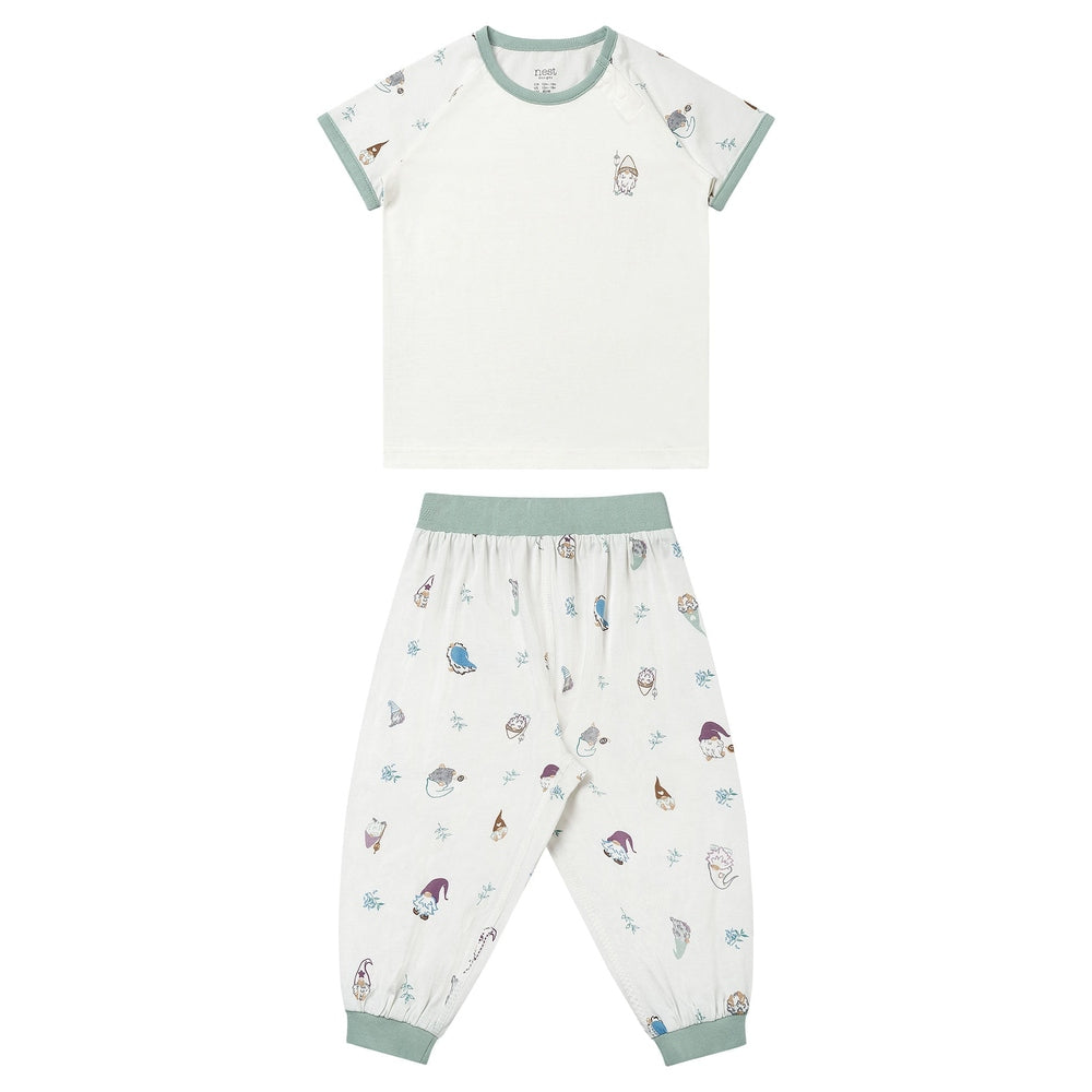 Nest Designs Oh Gnome bamboo short-sleeve play set: cream top with mint trim paired with pants featuring gnome prints