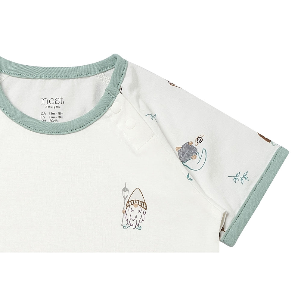 Nest Designs Bamboo Short Sleeve Play Set Oh Gnome, white with mint trim, whimsical gnome prints on chest and sleeve.