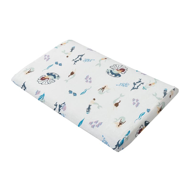Nest Designs Bamboo Silk Toddler Pillow and Pillowcase Splish Splash, white with marine print, laid flat.