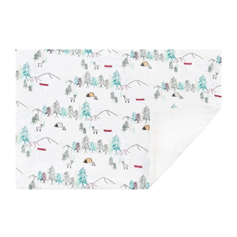 Nest Designs Bamboo Silk Toddler Pillow and Pillowcase Happy Trails camping print, white with tents, trees, and mountains