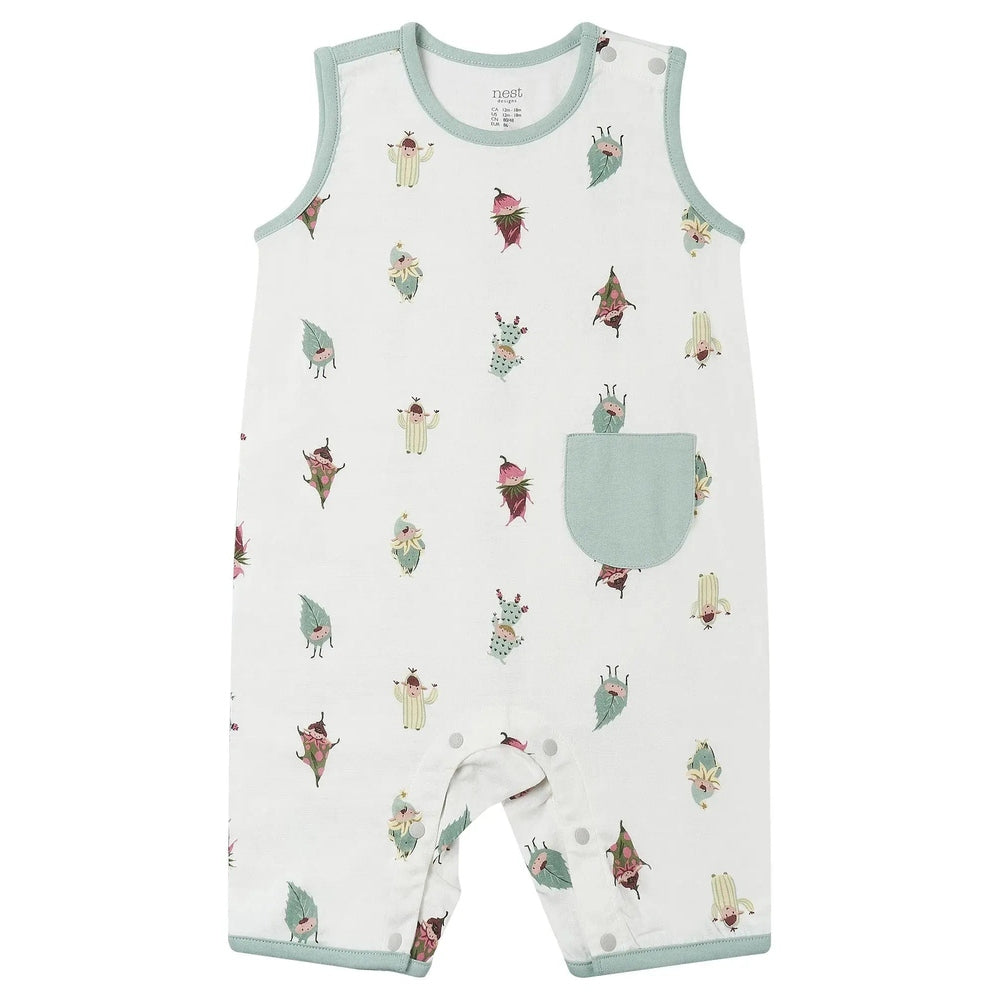 Nest Designs Bamboo Sleeveless Romper Pixie Dust laid flat with mint trim and front pocket