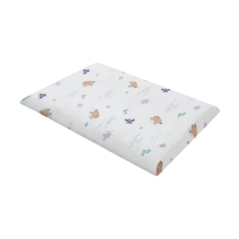 Nest Designs Bamboo Toddler Pillow With Pillowcase Snow Angels, white bamboo cover showing pastel snow angels pattern.