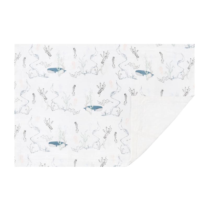Nest Designs Bamboo Toddler Pillowcase in white with blue whale and seaweed print, laid flat to show soft bamboo fabric.