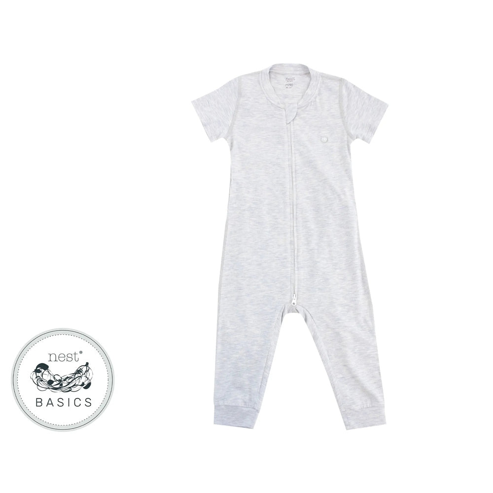 Nest Designs Basics Bamboo Cotton Short Sleeve Drop Bottom Romper Grey Dawn laid flat with visible front zipper and ribbed cuffs