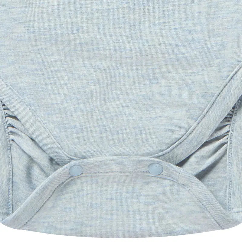 Nest Designs Basics Bamboo Cotton Short Sleeve Kimono Onesie in Grey Dawn, showing easy wrap closure with side snaps.