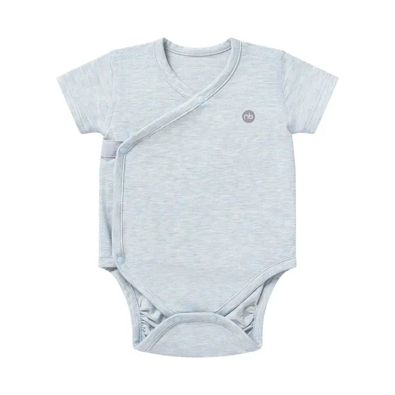 Nest Designs Basics Bamboo Cotton Short Sleeve Kimono Onesie Grey Dawn laid flat with side snaps and wrap closure.