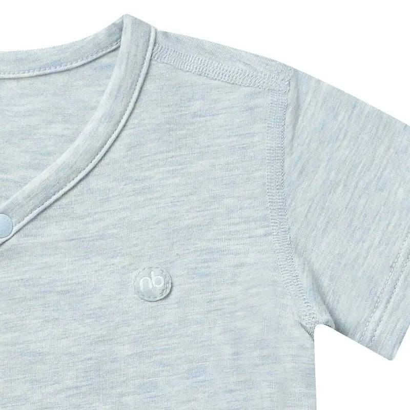 Nest Designs Basics Bamboo Cotton Short Sleeve Kimono Onesie Grey Dawn; close-up of soft knit fabric with front snap.