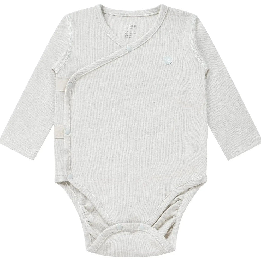 Nest Designs Basics Organic Cotton 3 Piece Baby Gift Set in light grey with a snap-front wrap-style onesie.