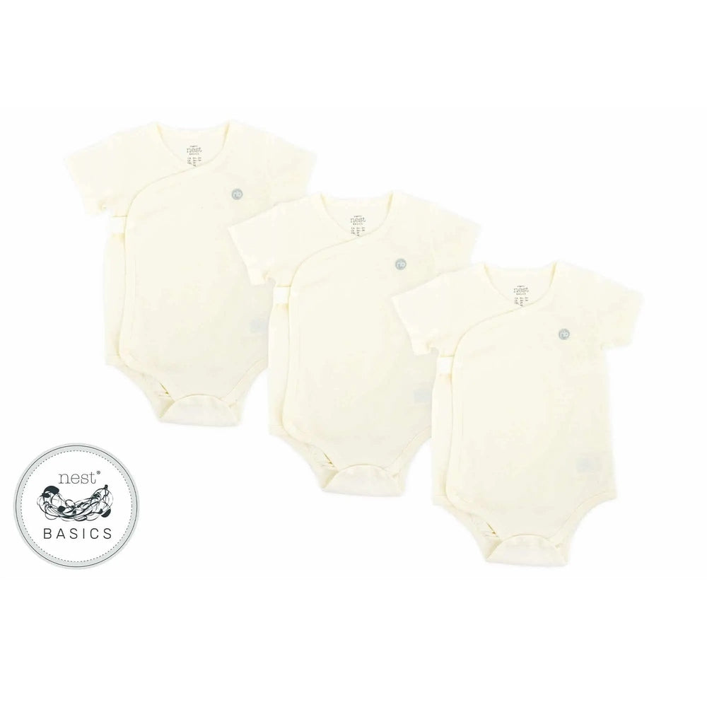 Nest Designs Basics Organic Cotton Ribbed Kimono Short Sleeve Onesie 3-Pack in white, three laid flat for display.
