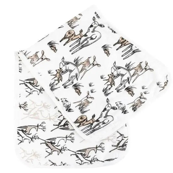 Nest Designs Burp'N Bib 2 Pack—white burp cloths with dachshund print, two cloths laid flat.