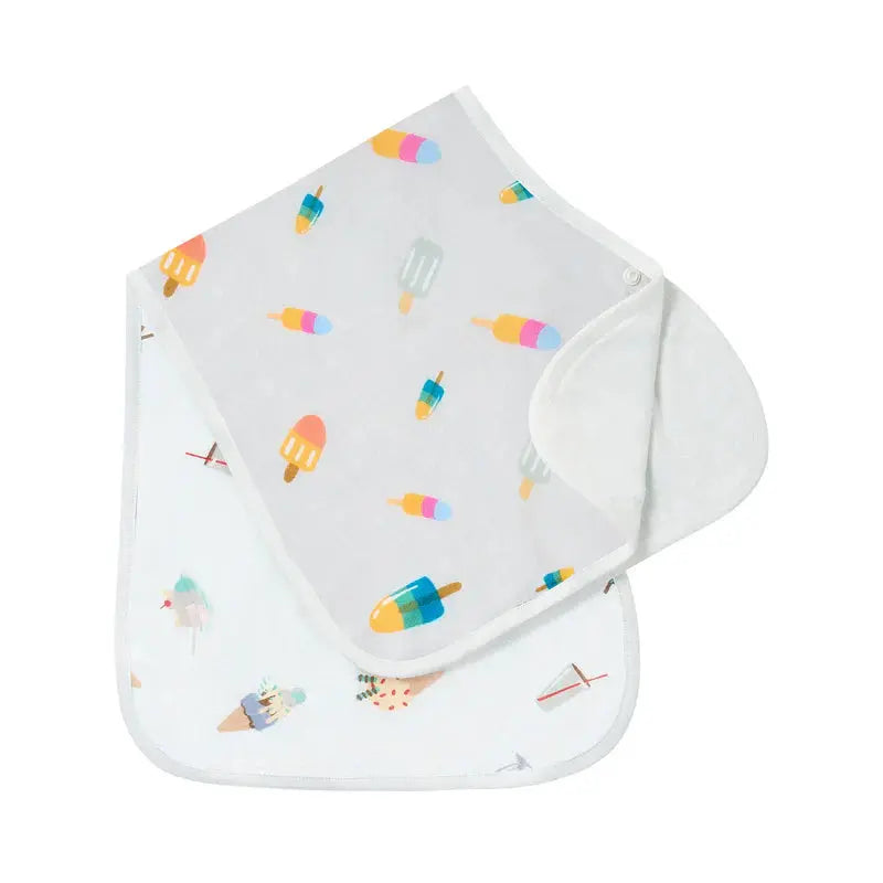 Nest Designs Burp'N Bib 2-pack: white baby feeding bibs with colorful popsicle print, draped to show soft curved neckline.