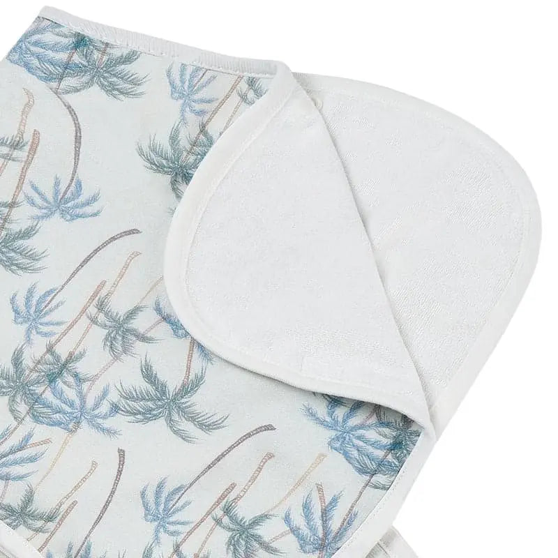 Nest Designs Burp'N Bib 2-pack: palm-tree print bibs with white trim, showing soft terry backing.