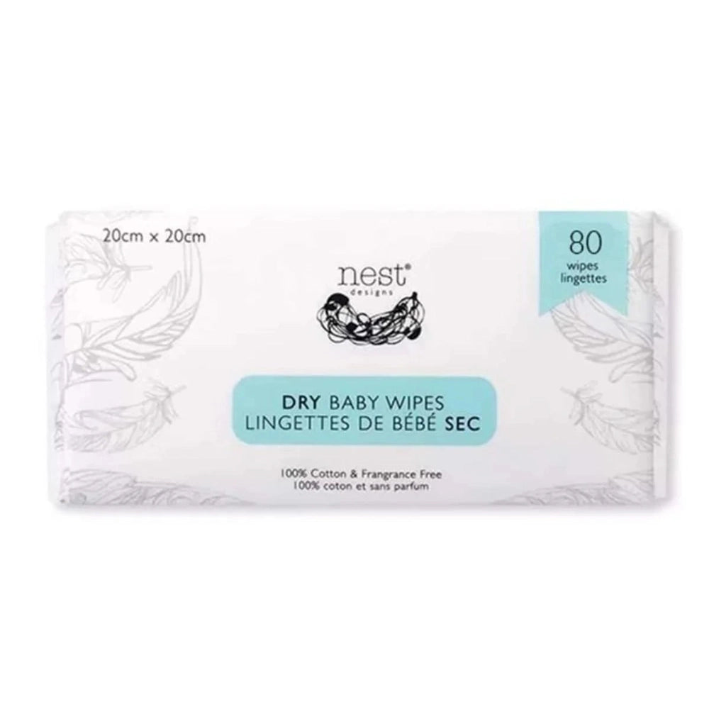 Nest Designs Cotton Dry Baby Wipes, 80 wipes, fragrance-free, 100% cotton, 20cm x 20cm package
