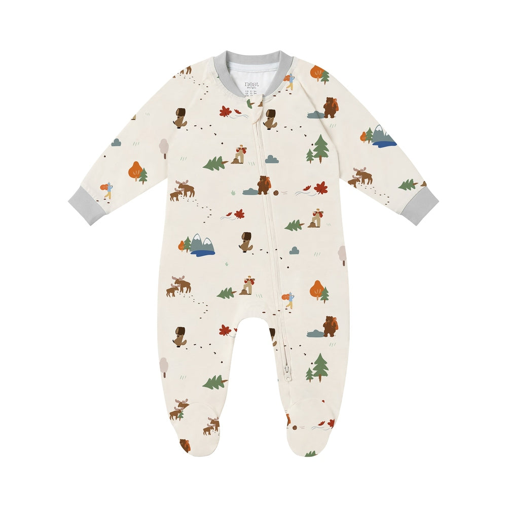 Nest Designs Timber long sleeve footed sleeper in cream with woodland prints, front zipper for easy changes.