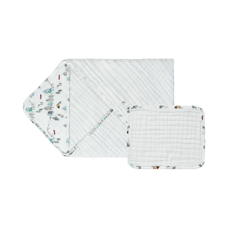 Nest Designs 9-layer organic cotton hooded baby bath towel set with Happy Trails forest print and washcloth