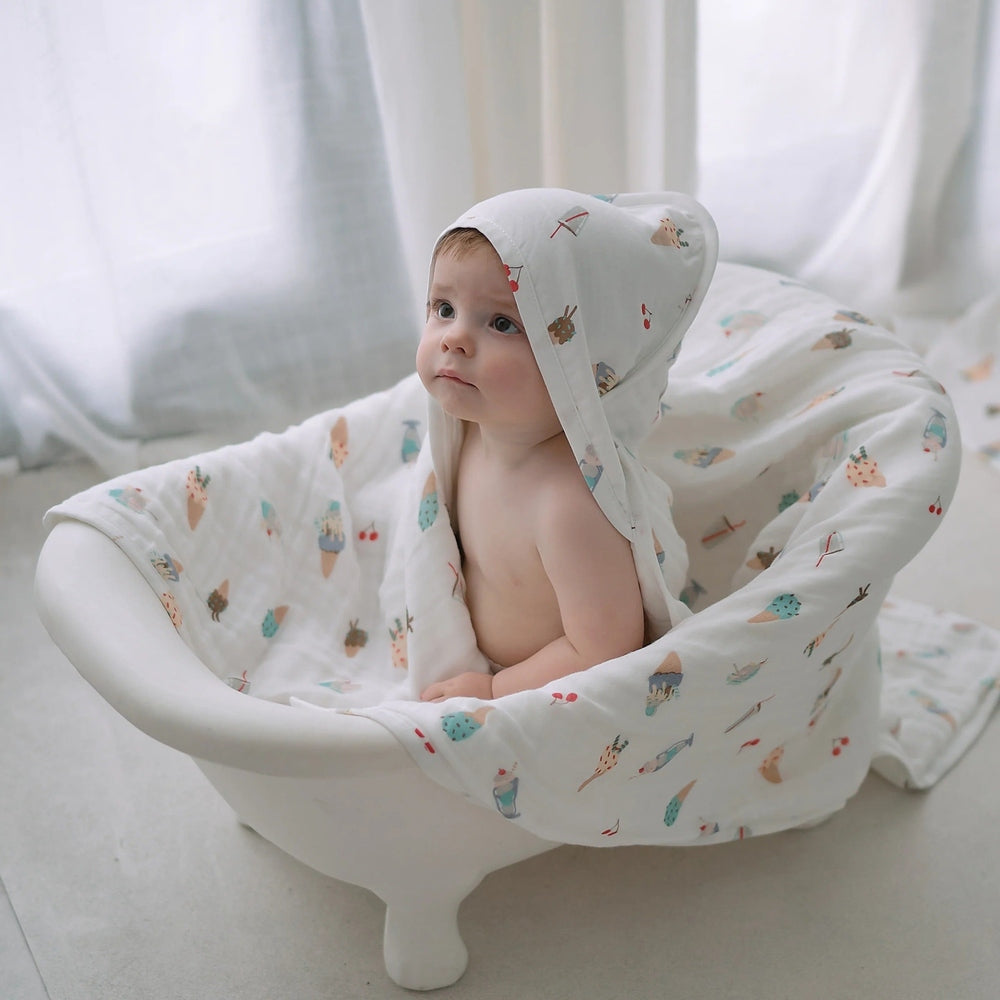 Nest Designs organic cotton 9-layer hooded baby bath towel in ice cream summer print for babies
