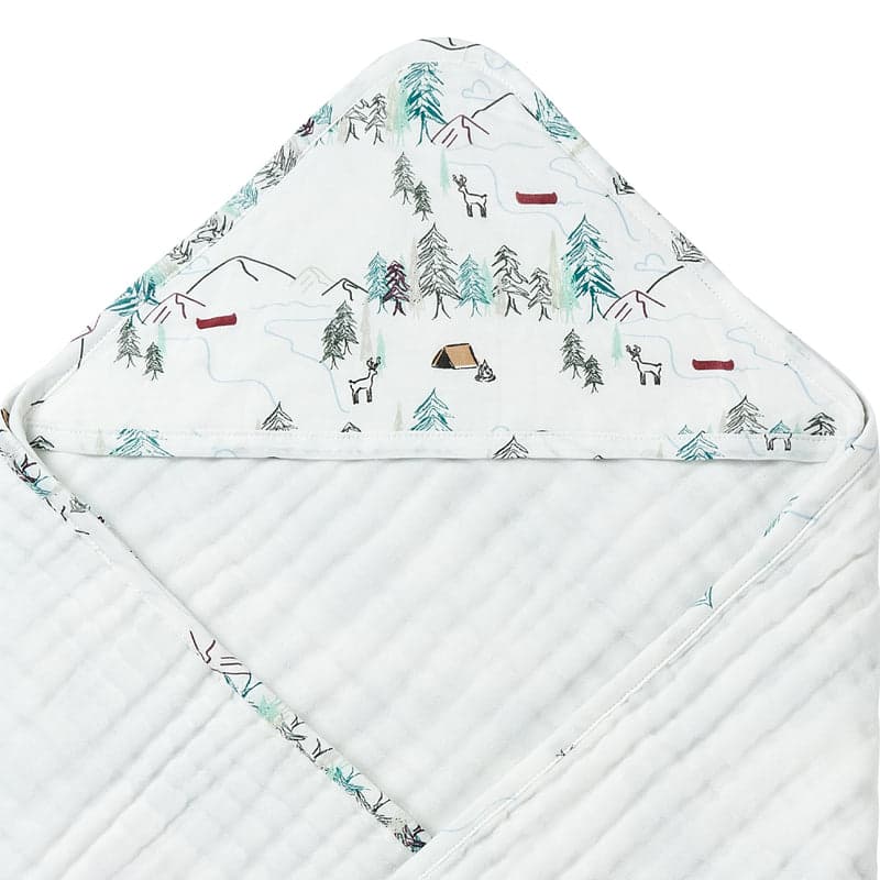 Nest Designs Organic Cotton 9-Layer Hooded Baby Bath Towel in Happy Trails print, white quilted towel