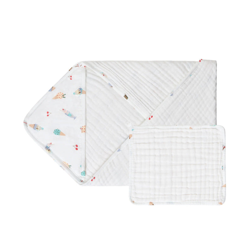 Nest Designs organic cotton hooded baby bath towel set in Ice Cream Summer print, includes 2 pieces