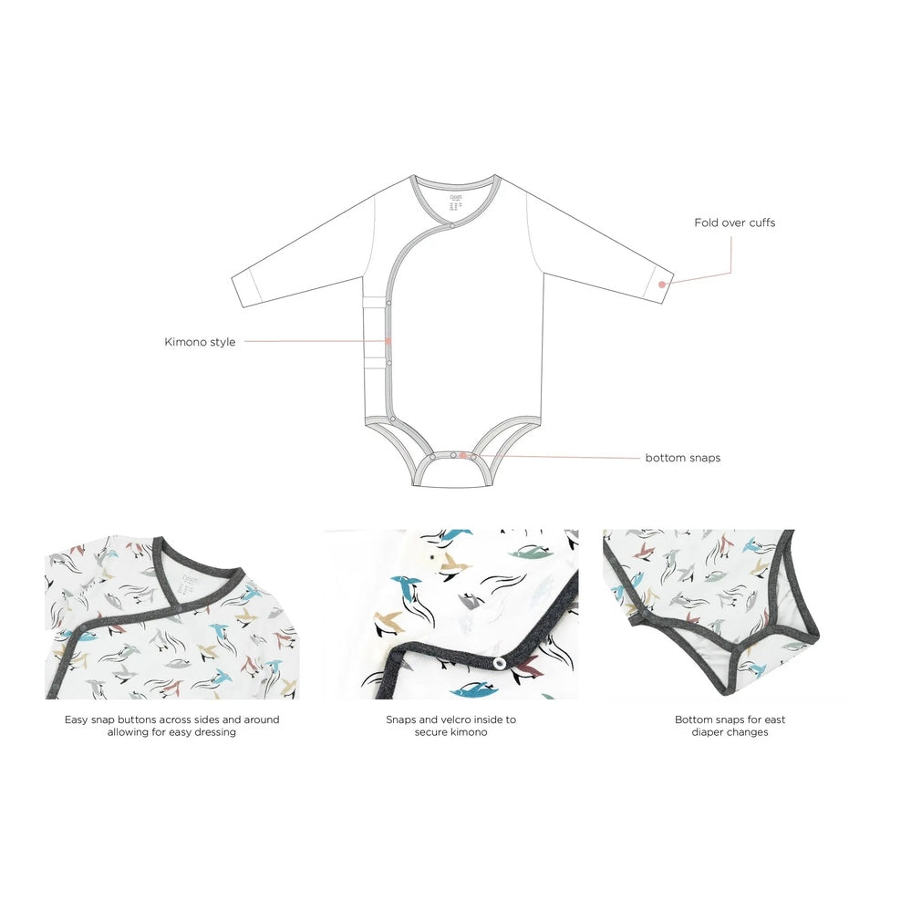 Nest Designs Organic Cotton Kimono Long Sleeve Onesie Rainbow Swim; side-wrapped snap closure and bottom snaps for easy dressing