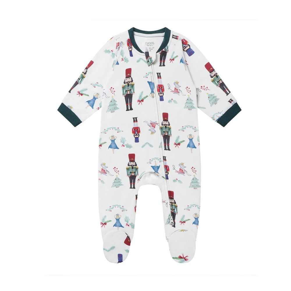 Nest Designs Organic Cotton Long Sleeve Footed Sleeper Nutcracker, white with green cuffs, front-zip shown.