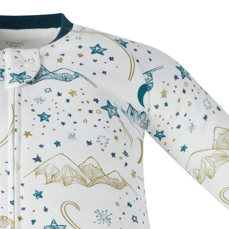 Nest Designs Organic Cotton Long Sleeve Footed Sleep Bag 1.0 Tog Stars White, shown flat with teal/gold stars and mountains.