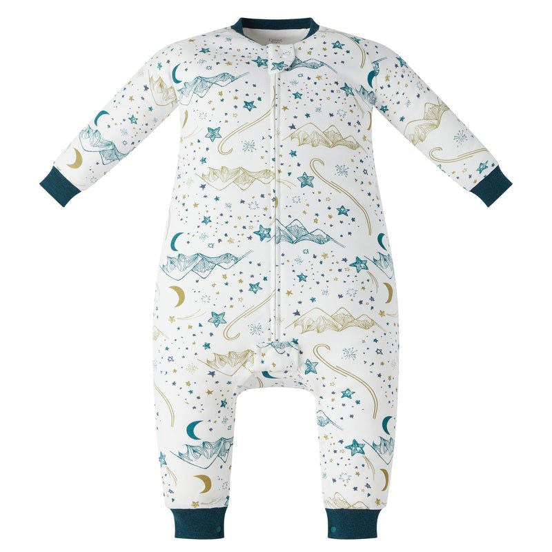Nest Designs Organic Cotton Long Sleeve Footed Sleep Bag 1.0 Tog Stars White, white footed baby sleep sack with blue-gold stars and moons, front zipper and teal cuffs