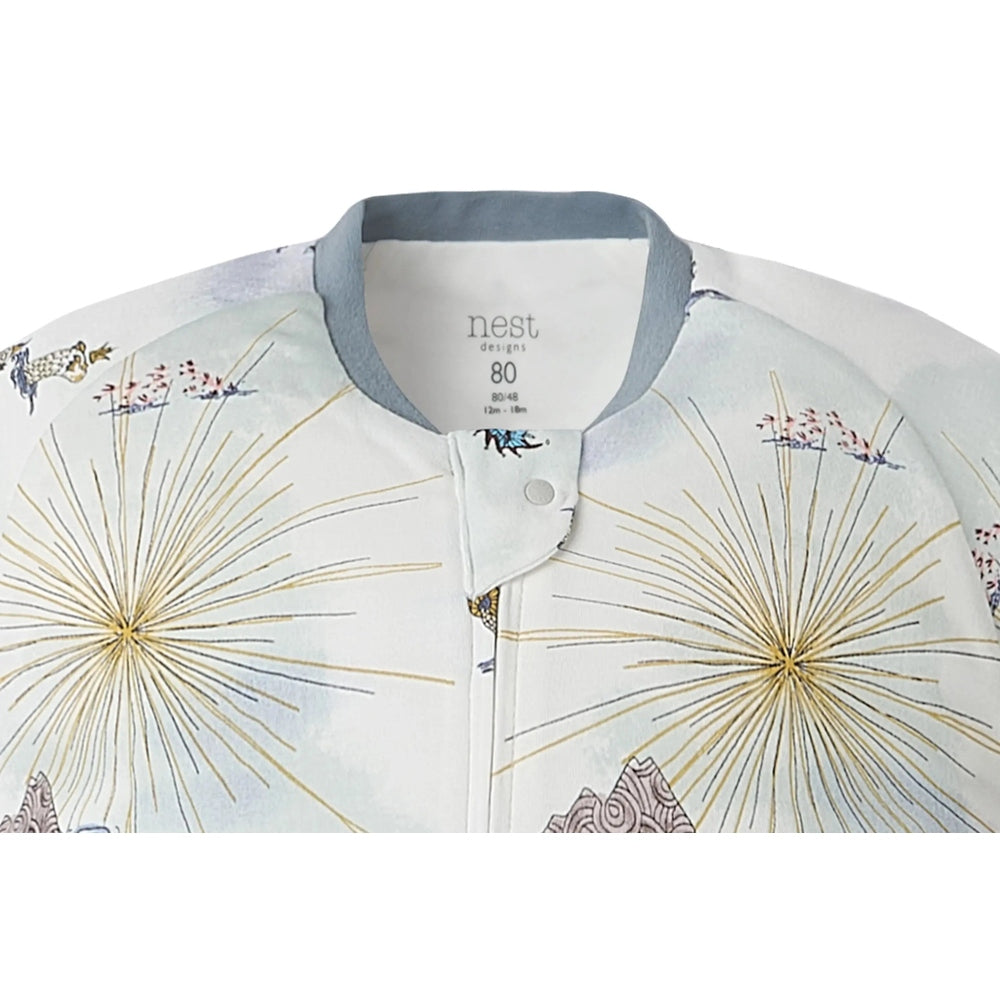 Nest Designs Organic Cotton Long Sleeve Footed Sleep Bag 1.0 TOG Ocean Wonders, blue collar with front snap fastener.