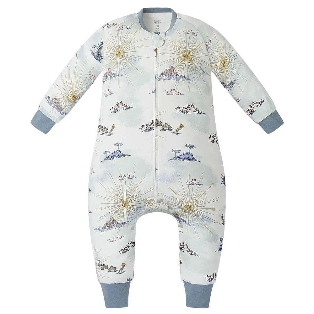 Nest Designs Organic Cotton Long Sleeve Footed Sleep Bag 1.0 Tog Ocean Wonders, pale blue print with zipper closed.