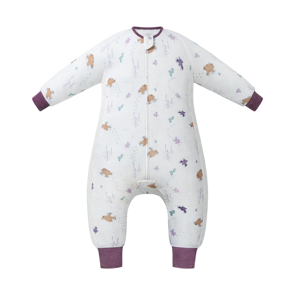 Nest Designs Organic Cotton Long Sleeve Footed Sleep Bag 1.0 Tog Snow Angels; white with purple cuffs, zipper front for easy changes.