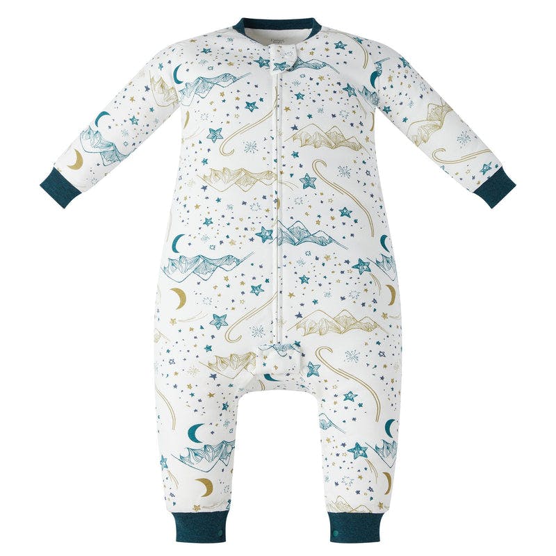 Nest Designs Organic Cotton Long Sleeve Footed Sleep Bag 1.0 Tog Stars White with teal cuffs and starry print
