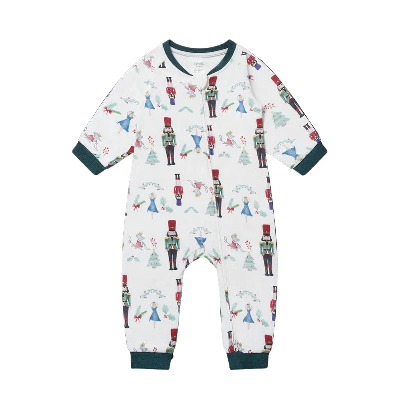 Nest Designs Organic Cotton Long Sleeve Footless Sleeper Nutcracker, white with Nutcracker soldiers print and dark green cuffs laid flat.