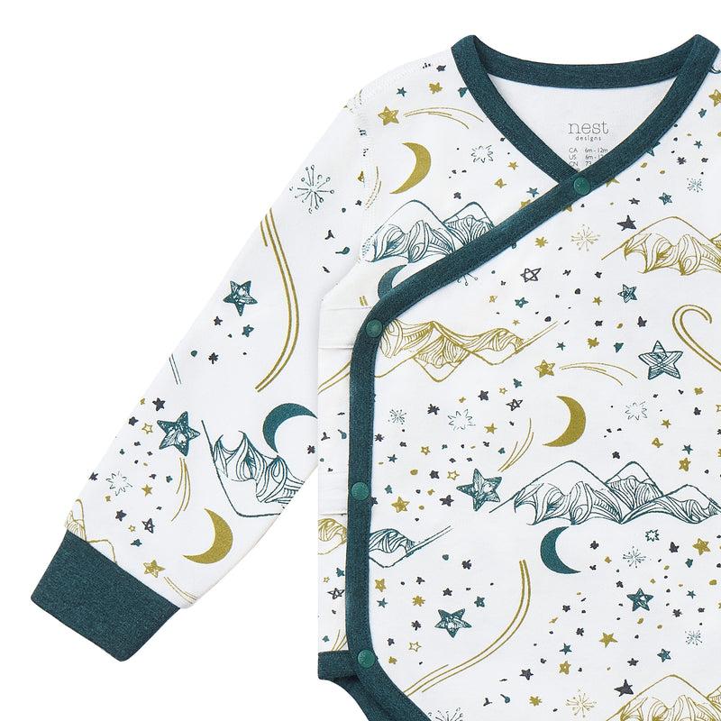 Nest Designs Organic Cotton Long Sleeve Kimono Onesie-Stars White