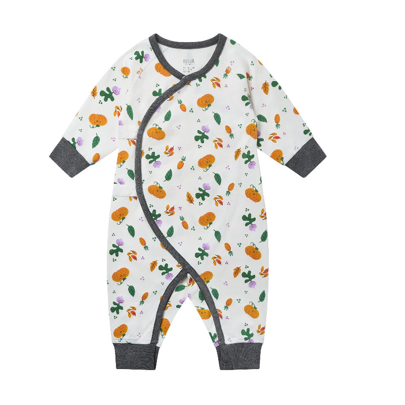 Nest Designs organic cotton long-sleeve kimono romper in white with orange pumpkins and green leaves