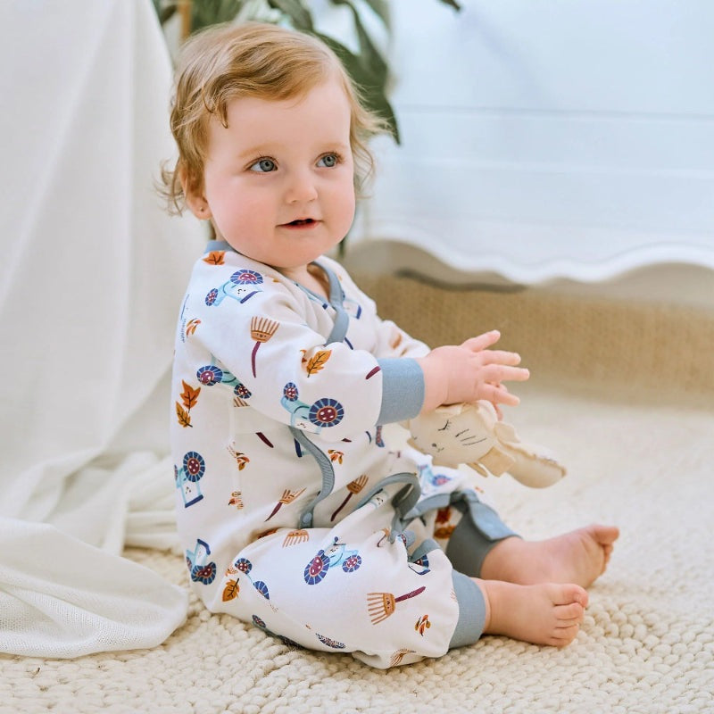 Nest Designs Organic Cotton Long Sleeve Kimono Romper On The Farm for babies, white with blue cuffs and farm prints