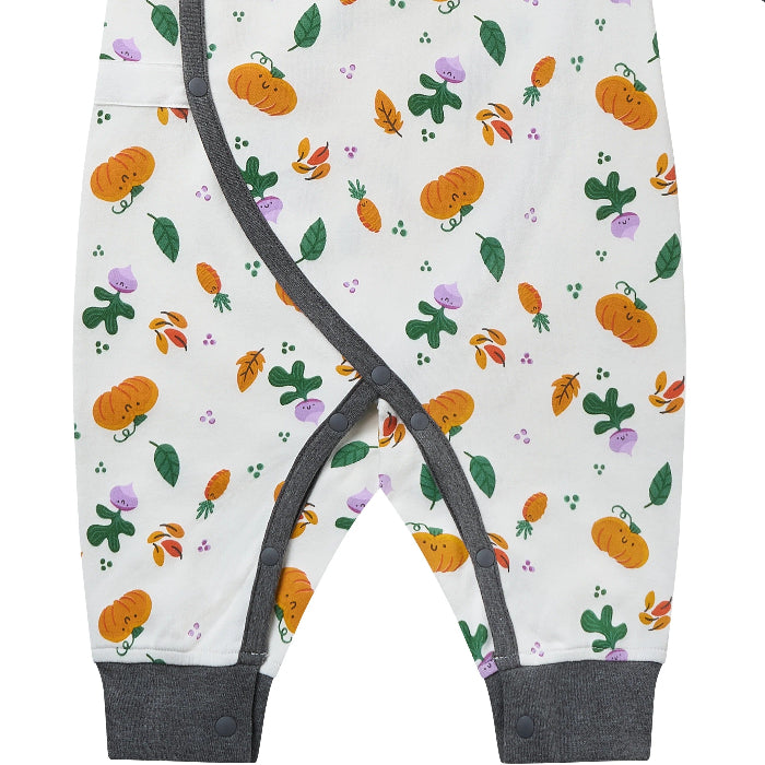 Nest Designs Organic Cotton Long-Sleeve Kimono Romper in white with pumpkin and leaf print, gray trim snaps