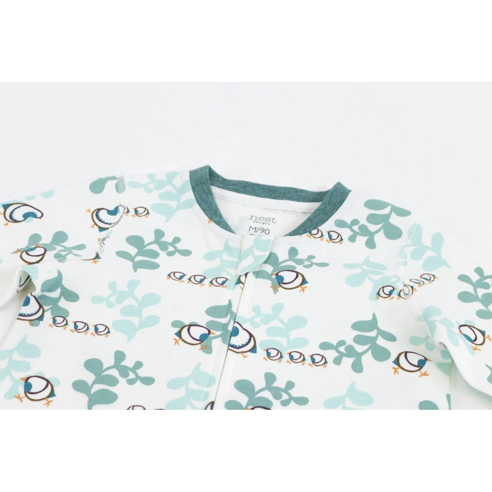 Nest Designs Organic Cotton Long Sleeve Romper A Quail Tale Too in white with teal quail and leafy print, front zipper closure