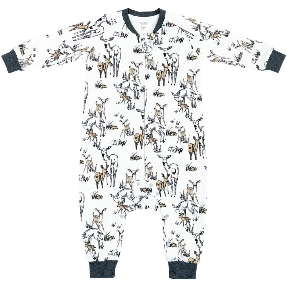 Nest Designs Organic Cotton Long Sleeve Sleep Suit 1.0 Tog Mama Deerest, white with deer print and navy cuffs laid flat