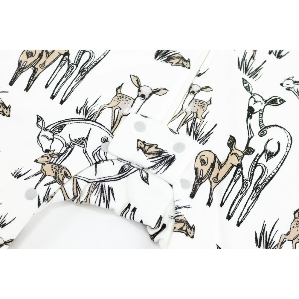 Nest Designs Organic Cotton Long-Sleeve Sleep Suit 1.0 Tog Mama Deerest, deer-print with front snaps for easy dressing.