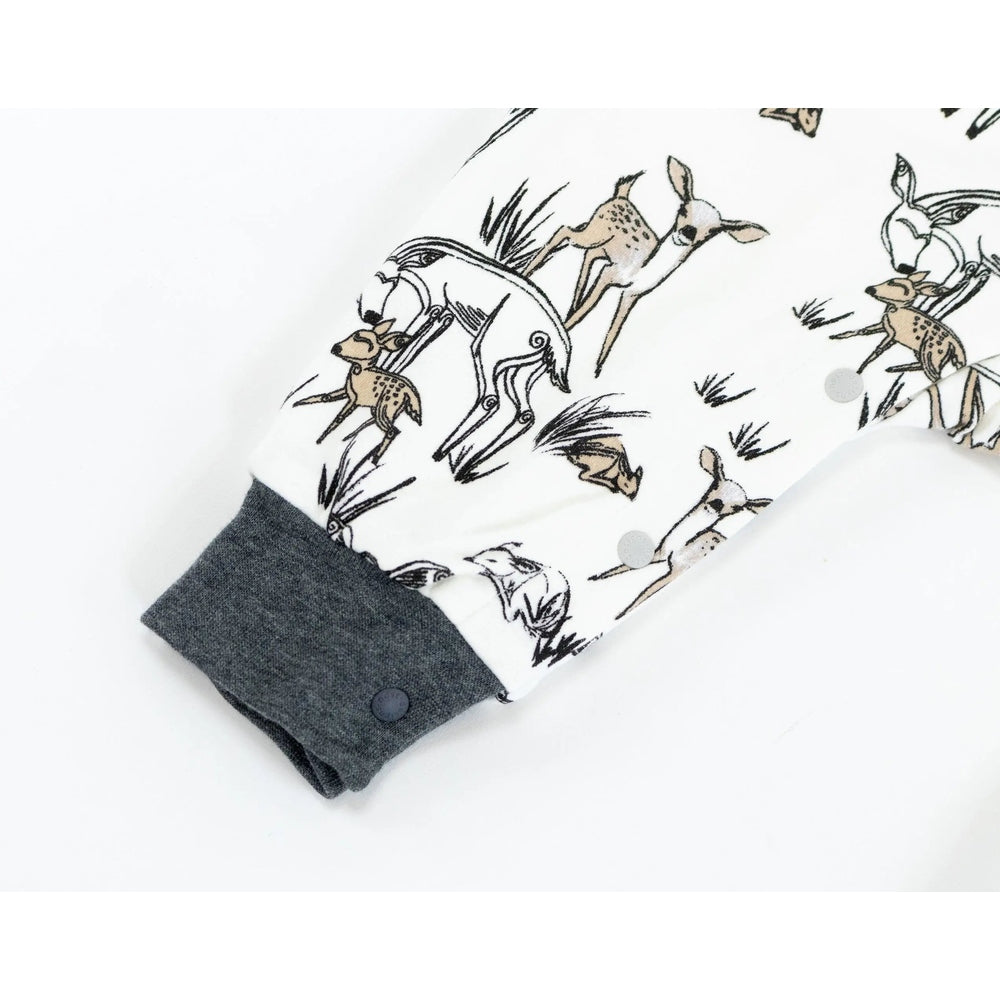 Nest Designs Organic Cotton Long Sleeve Sleep Suit 1.0 Tog Mama Deerest, white with dark gray cuffs, deer print and snap closures.