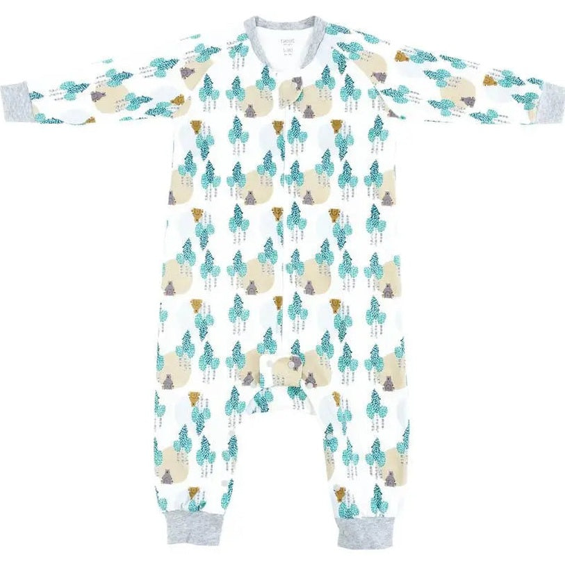 Nest Designs Organic Cotton Long Sleeve Sleep Suit 1.0 Tog Where's The Bear in white with teal trees and beige bears, front zip