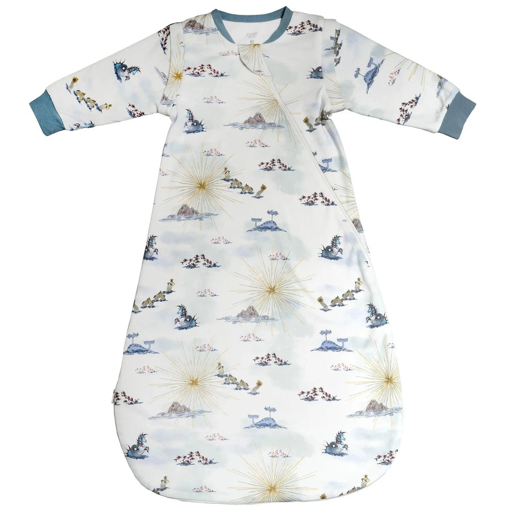 Nest Designs Organic Cotton Removable Long Sleeve Sleep Bag 1.0 Tog Ocean Wonders, laid flat to show teal cuffs and ocean print.