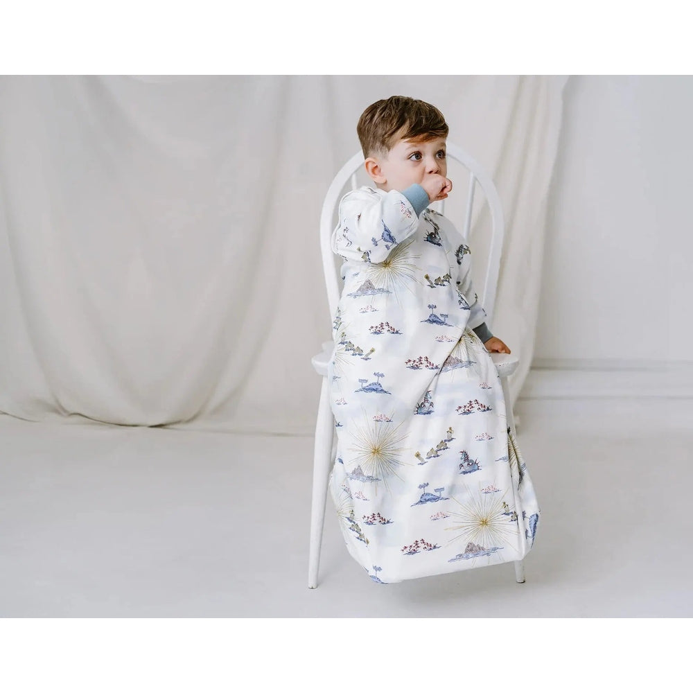 Nest Designs Organic Cotton Removable Long Sleeve Sleep Bag 1.0 Tog Ocean Wonders; baby sits in a chair wearing it.