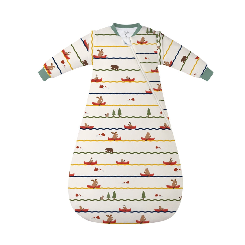 Nest Designs Organic Cotton Removable Sleeve Sleep Bag 1.0 Tog for 6–18M in cream with boats and moose pattern.