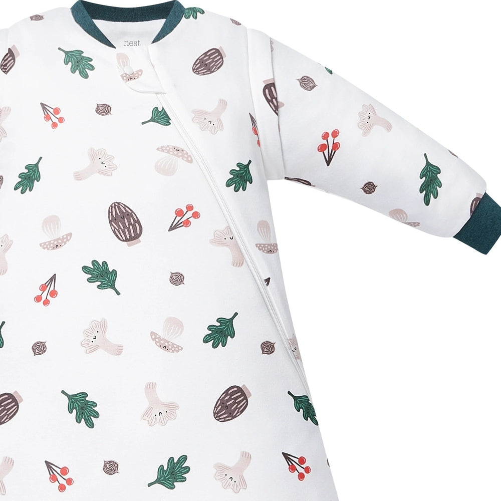 Nest Designs baby sleep bag with removable sleeve, white fabric forest forage print (green cuffs)