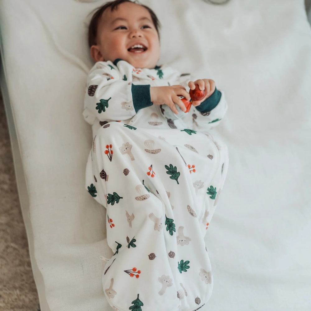 Nest Designs 1.0 tog organic cotton sleep bag with removable sleeves in forest forage print for babies