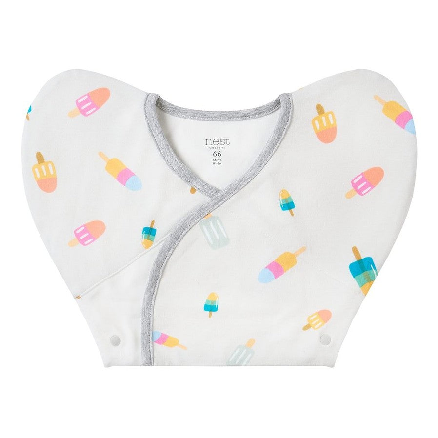 Nest Designs Organic Cotton Startle Stop Sleep Bag 0.5 Tog Summer Pops for 0–6M, white with pastel popsicles, laid flat.