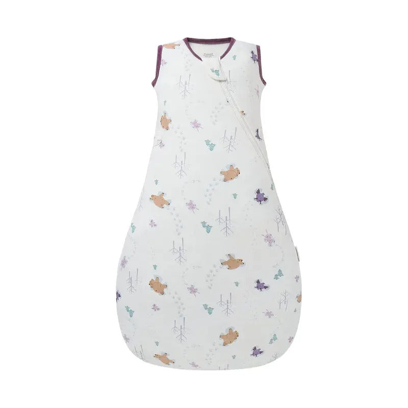 Nest Designs Organic Cotton Startle Stop Sleep Bag 0.5 Tog Snow Angels, white with burgundy trim, laid flat to show diagonal zipper.