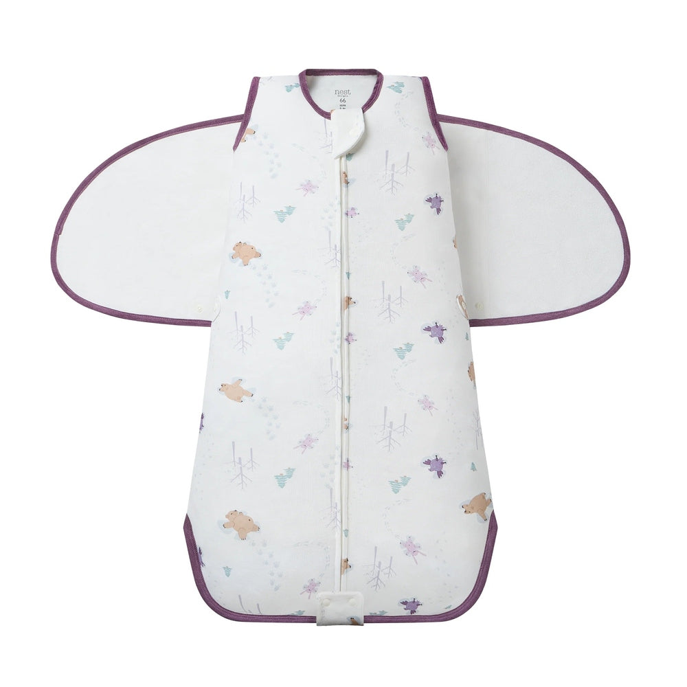 Nest Designs Organic Cotton Swaddle Sleep Bag 0.5 Tog Snow Angels, white with purple trim, front zipper for easy changes.